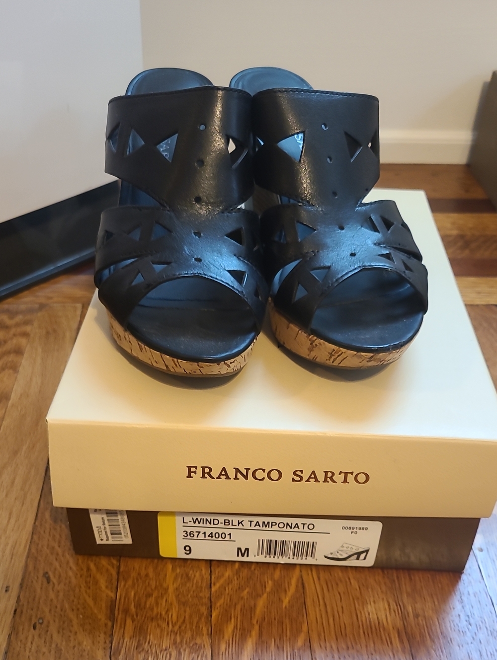 Franco Sarto L-WIND Cork Wedge Sandals in Black & Brown US 9 M